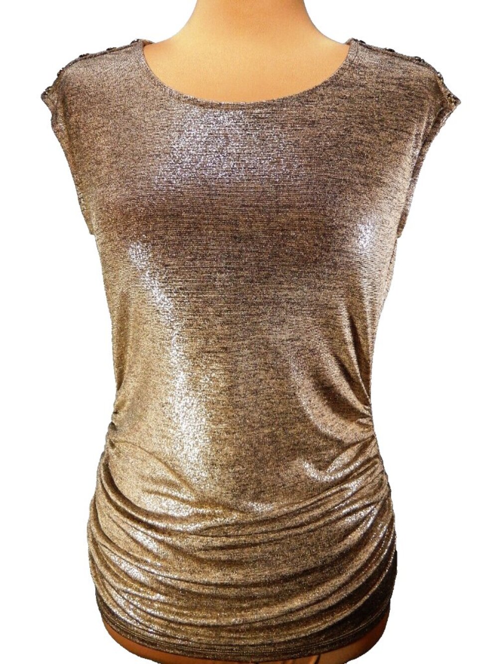 Calvin Klein Gold Shimmer Ruched Sleeveless Top Button Accents on Shoulder Small